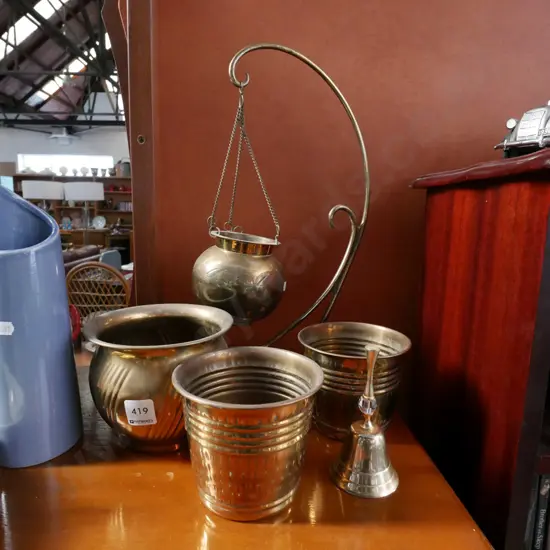 brass jardinieres, bell, hanging planter