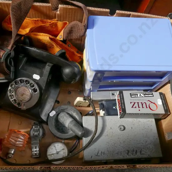 box; phone, plastic drawers, mortar and pestle etc