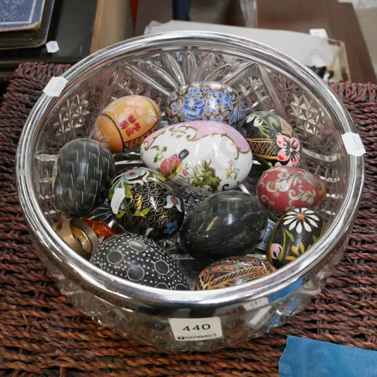 cut crystal bowl with ornamental eggs