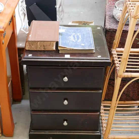 dark stained pine 3 drawer beside cabinet