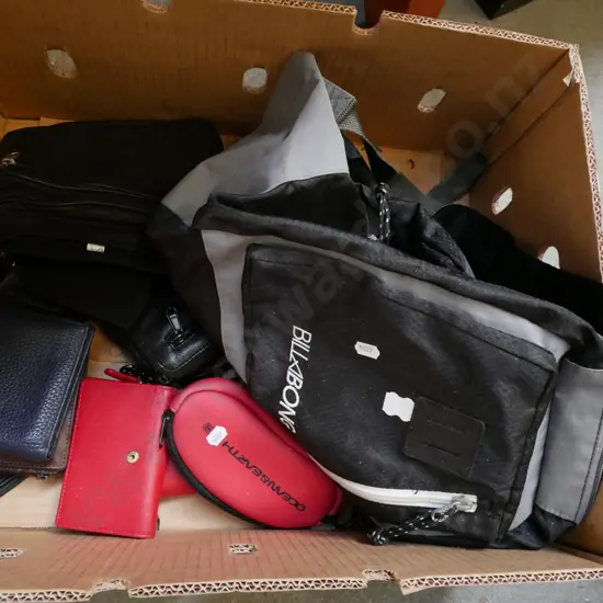 box; backpack, purses, glasses case etc