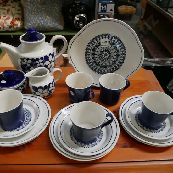 retro Burleigh trios, cake plate, blue floral tea pot etc