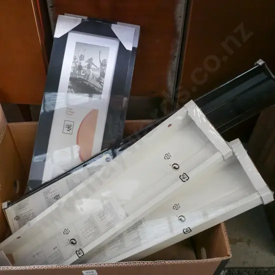 box; collage photo frames, 3x wall mounted shelves