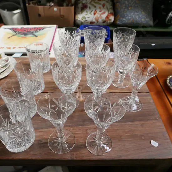 cut crystal goblets, sherry glass, whisky tumblers