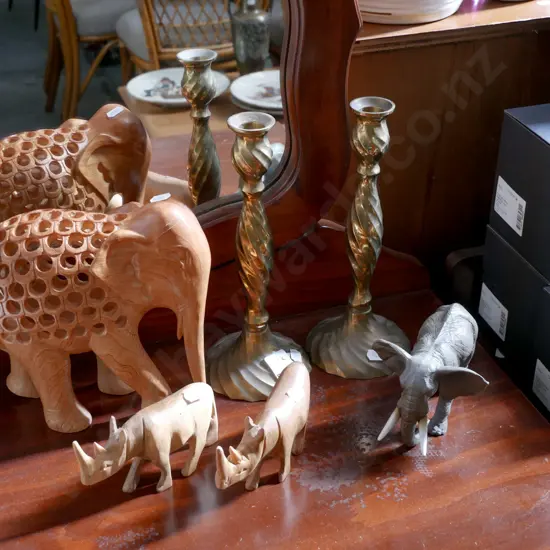 ornamental rhinos, elephants, 2x brass candlesticks