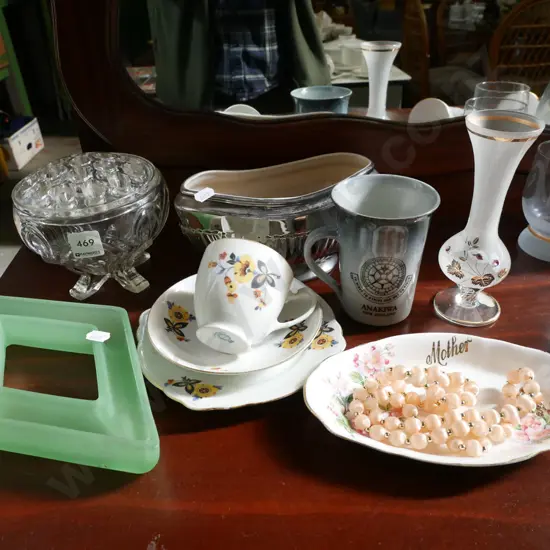 glass rose bowl, green glass trough vase, trio etc