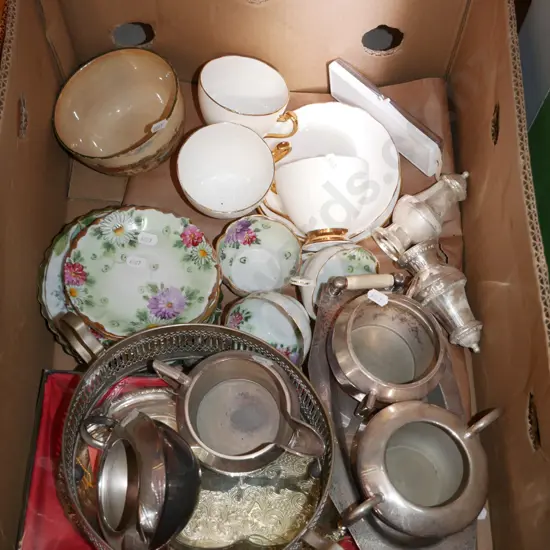 box; plated ware, saucers, cups etc