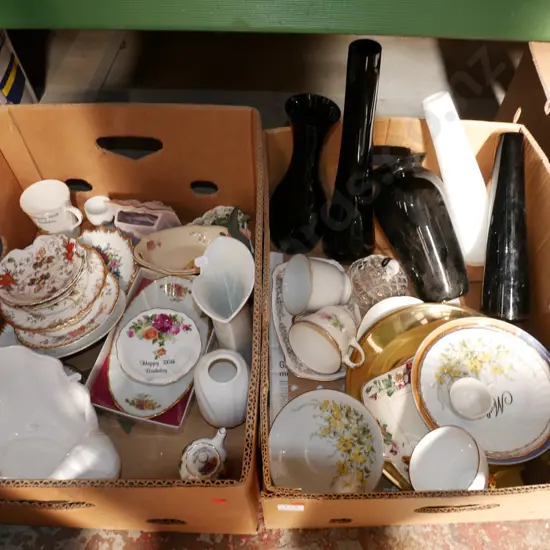 2x boxes; vases, plates, miniature tea pot etc - red dots