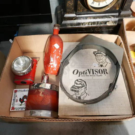 box; glass magnifiers, hip flask etc
