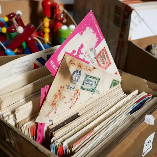 box of health stamps and envelopes