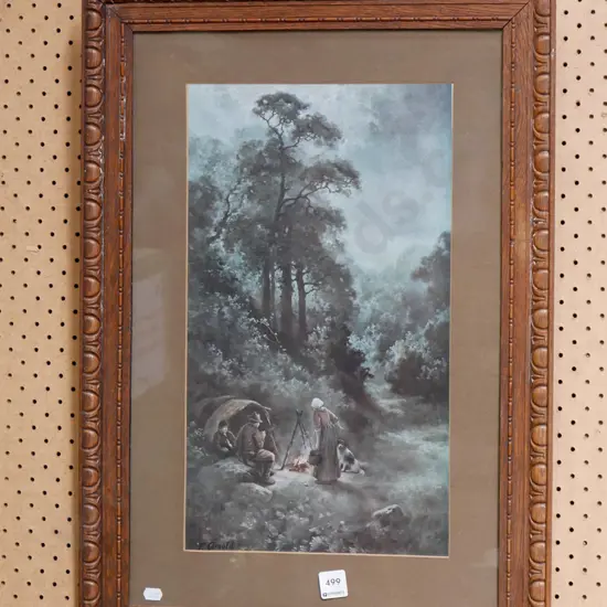 carved wood framed print - camp fire cooking