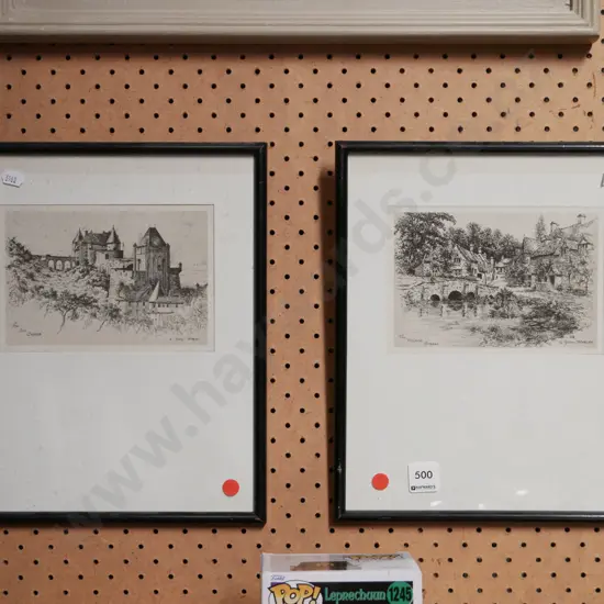 2x framed etching - castle, village street - red dots