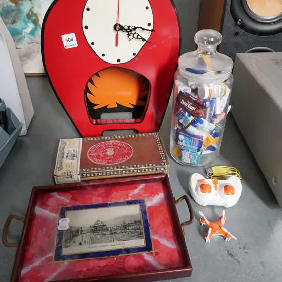 Dr Seuss style mantle clock - needs repair,  small Dunedin souvenir tray, mini drone etc