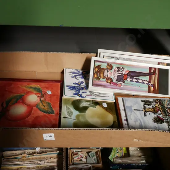 box; 3x small retro prints, tiles