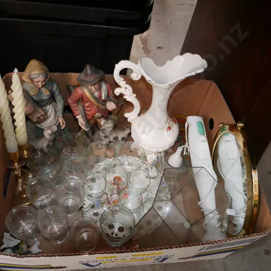 box; candlesticks, glasses figurines, ewer vase etc