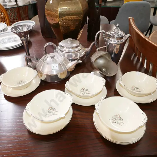 plated tea pots, coffee pots, vase, soup bowls and saucers