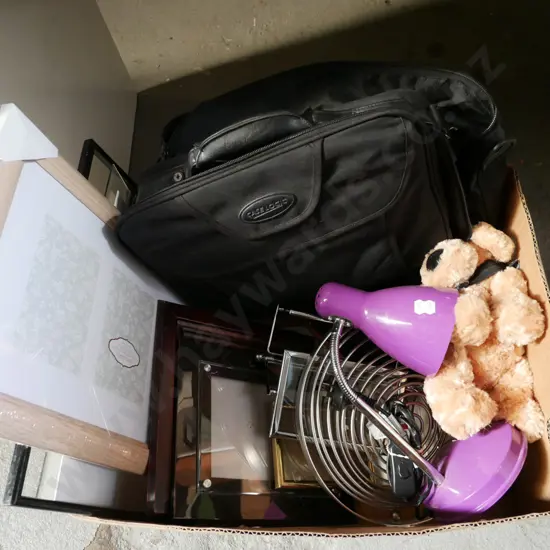 box; toy police dog, desk lamp etc