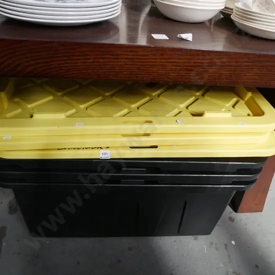 3x large plastic storage tubs with yellow lids