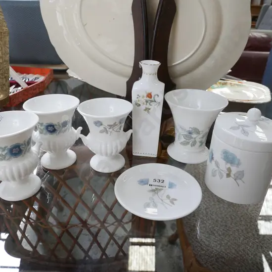 Wedgwood ice rose vases, pin dish, lidded canister, 1 other vase