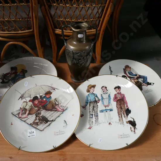 4x Norman Rockwell picture plates, brass vase
