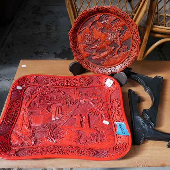 Asian cinnabar tray and plate with stands