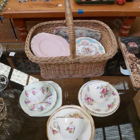 3x trios, cane basket of plates and saucers