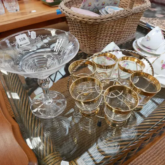 large etched comport, 6 gold rimmed glasses in basket