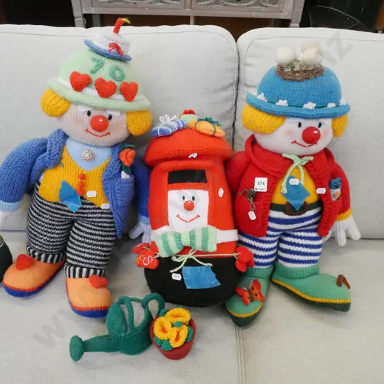 2x hand knitted clowns, friendly mail box