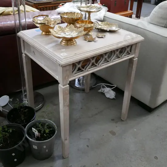 distressed painted end table with cut away fretwork and mirror inserts H-660 W-600 D-500