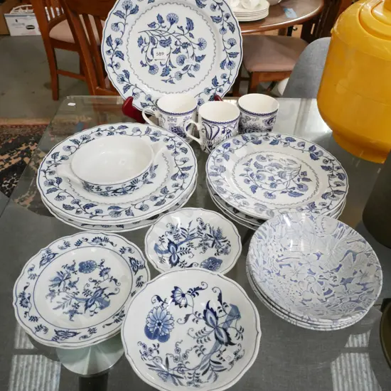 blue floral dinner plates, cups, bowls etc