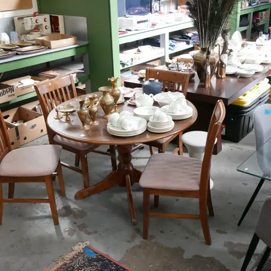 mdf faux wood veneer pedestal table with 4 matching upholstered chairs H-740 Diam-1110