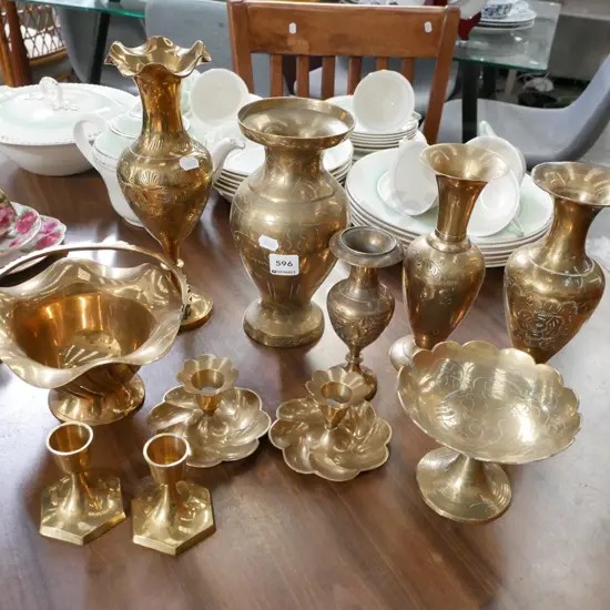 assorted brass vase, comports, candlesticks etc
