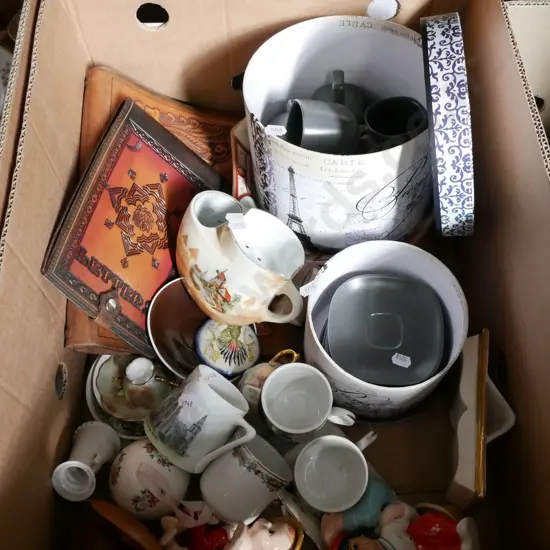 box; storage containers, cups, miniatures, leather letter case etc