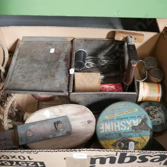 box; vintage pulley, tins, metal box etc