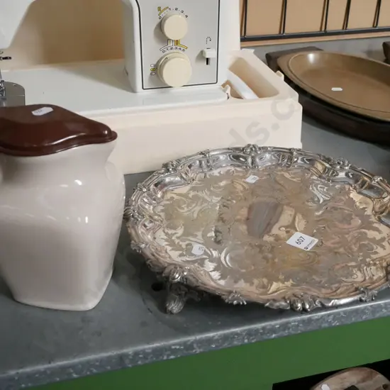 plated ornate footed dish & ceramic & plastic jug