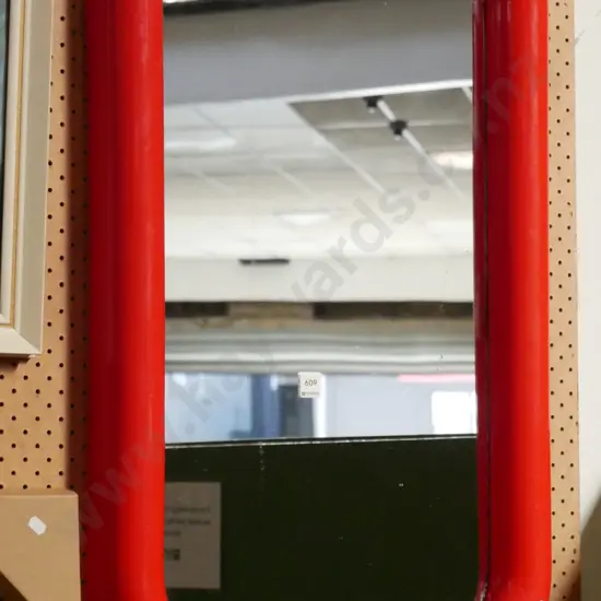 early 1980's red plastic framed wall mirror some damager to lower section of glass