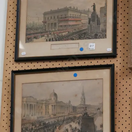 2 x framed vintage prints - Waterloo Place & Trafalgar square (foxing)
