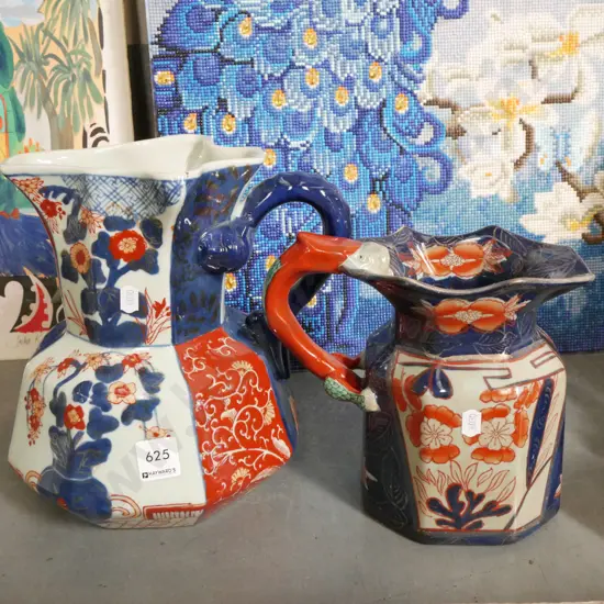 2 x Asian design Ironstone ornate red & blue frilled jugs - tallest H-260