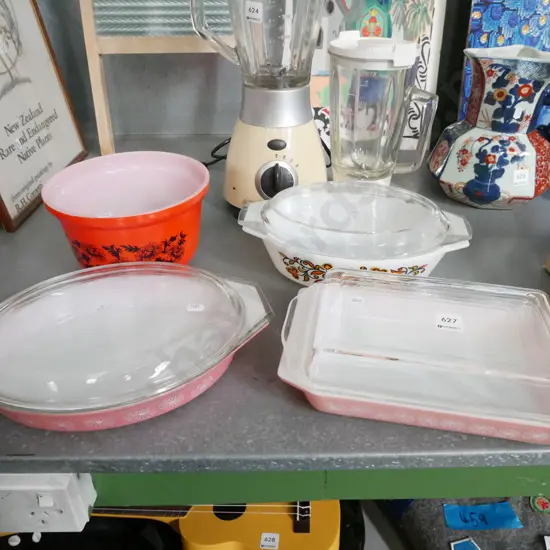 3 x retro milk glass lidded baking dishes & bowl