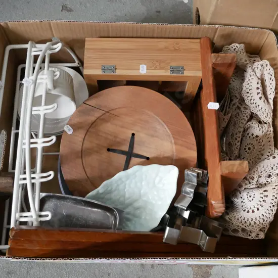 box; chopping board, shoe last, retro plastic wire cup rack, wooden storage box etc