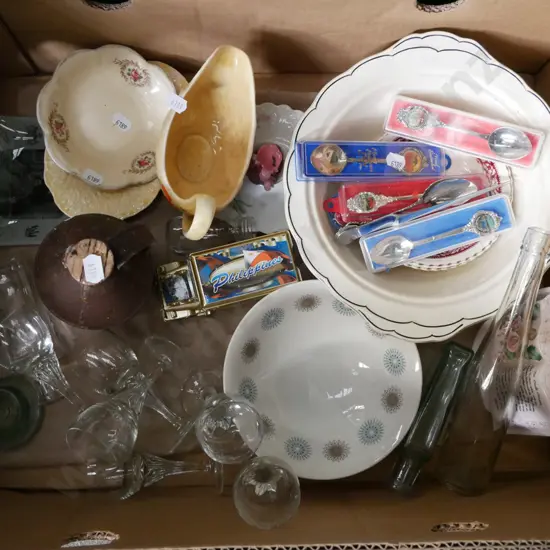 box; small glasses, souviner teaspoons, gravy jug, stoppered bottle etc