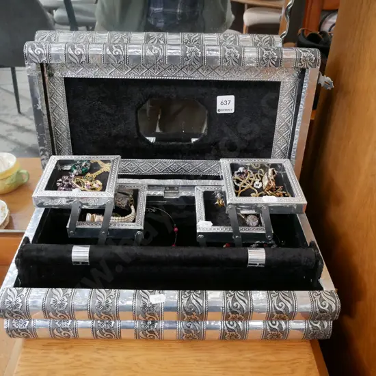 large silver booked themed jewellery box, with costume jewellery contents