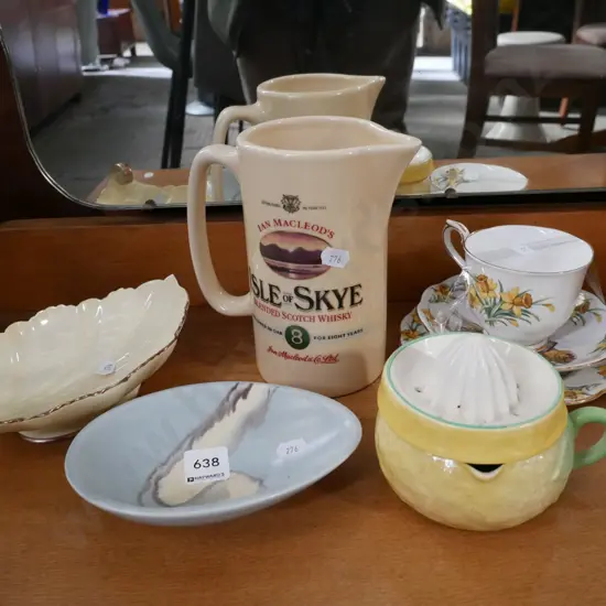 lemon themed lemon squeezer, Carltonware dish, Isle of Sky whisky jug, trio etc