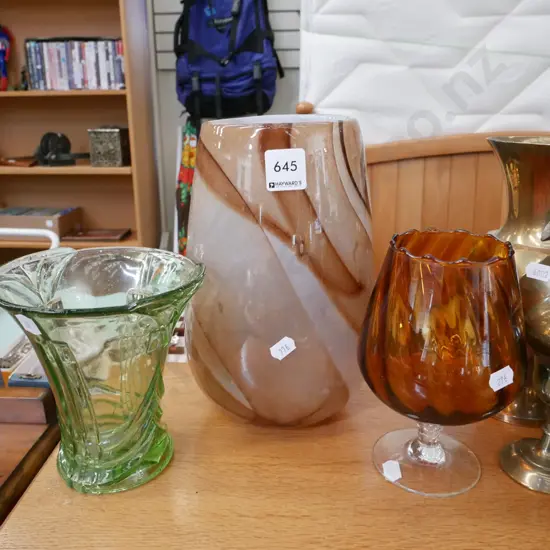 green glass vase, amber glass goble,  brown swirl glass vase  Tallest H- 240
