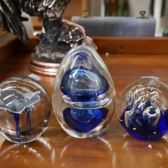 3 x blue glass paper weights