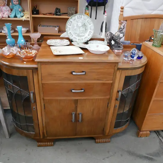 rimu cabinet, with 2 leadlight doors, 2 solid doors & 2 drawers (key in office) H-920 W-1300 D-500