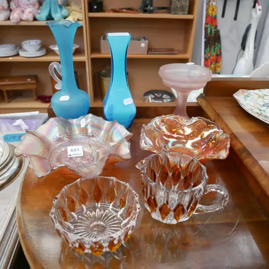 2 orange carnival glass bowls, blue glass vases etc