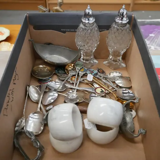 box; salt & pepper shakers, souviner teaspoons, napkin rings etc