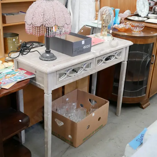 distressed painted hall table with cut away fretwork, 2 drawers and mirror inserts H810 -W1060 D-410