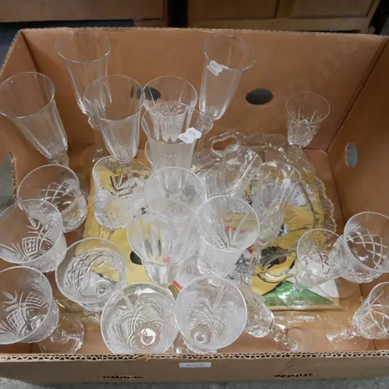 box; crystal wine & champagane glasses, glass plate